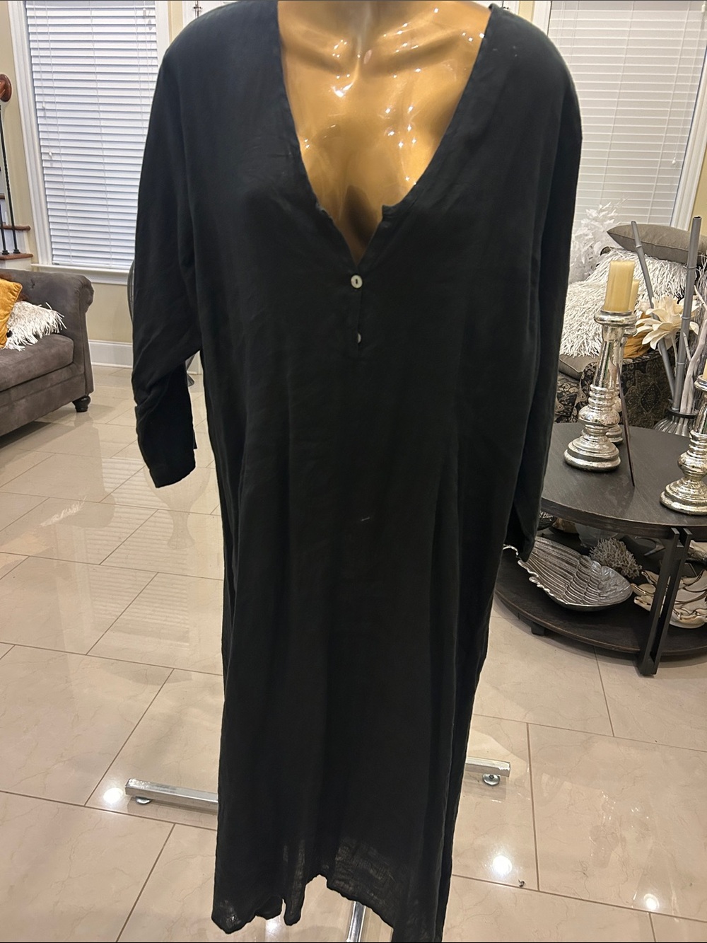 Flax Black Long V-Neck Linen Dress